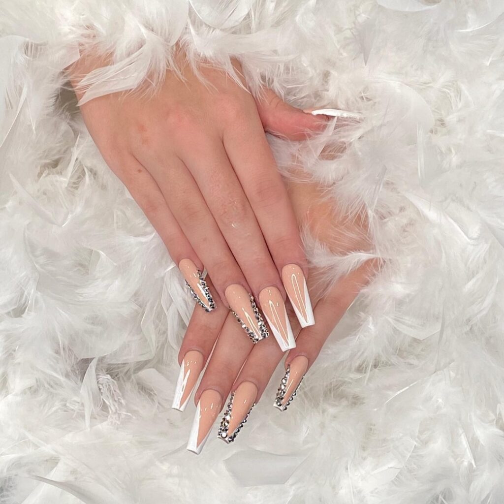 White V French Tips with Rhinestones