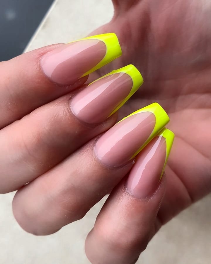 Neon Yellow Long French Nails