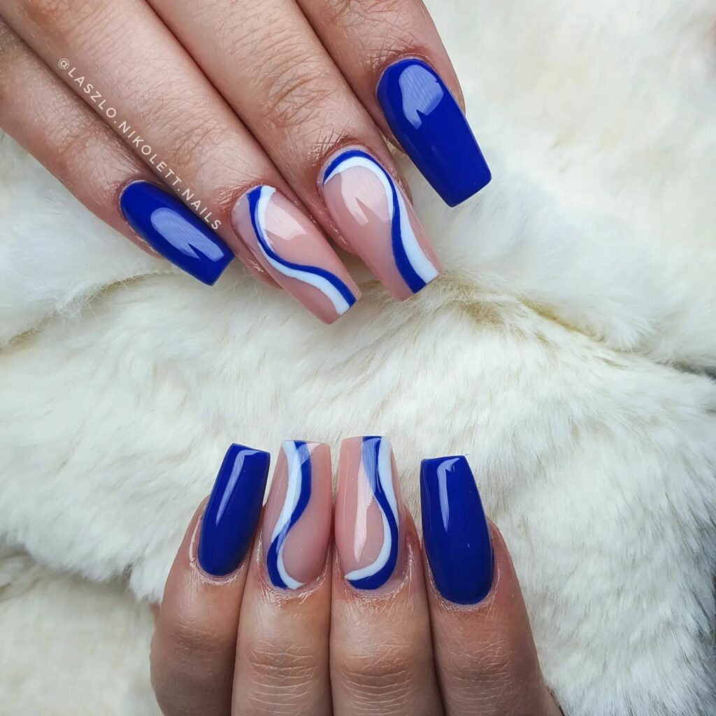 Artistic Swirls on Navy Blue Coffin Nails