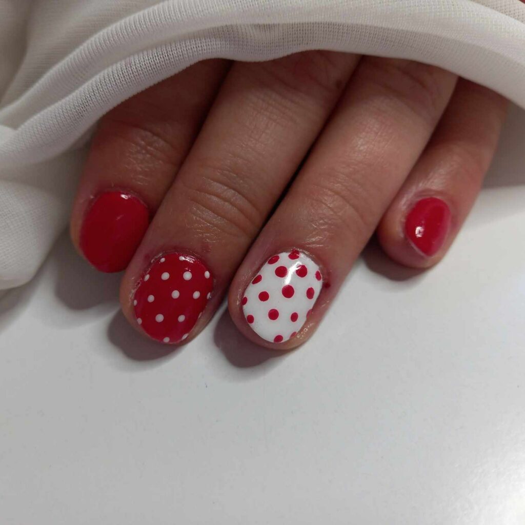 Dotted Patterns on Red and White Nails