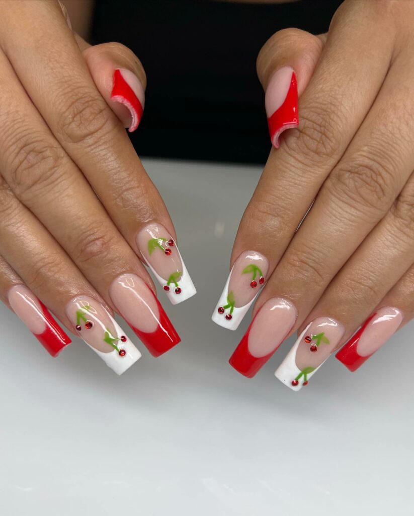 Coffin-Shaped Red and White Nails