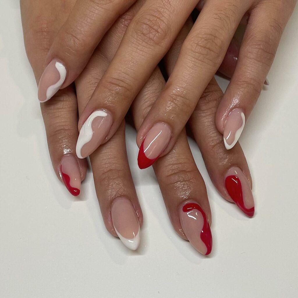 Abstract Designs on Red and White Nails