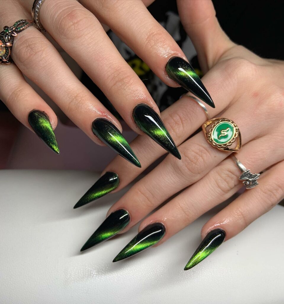 Black Stiletto Nails with a Hint of Neon Green