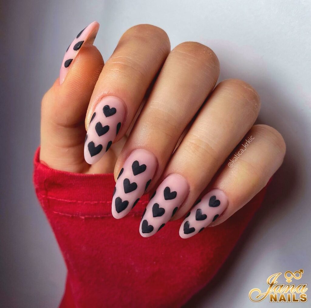 Matte Clear Pink Nail With Black Heart Design