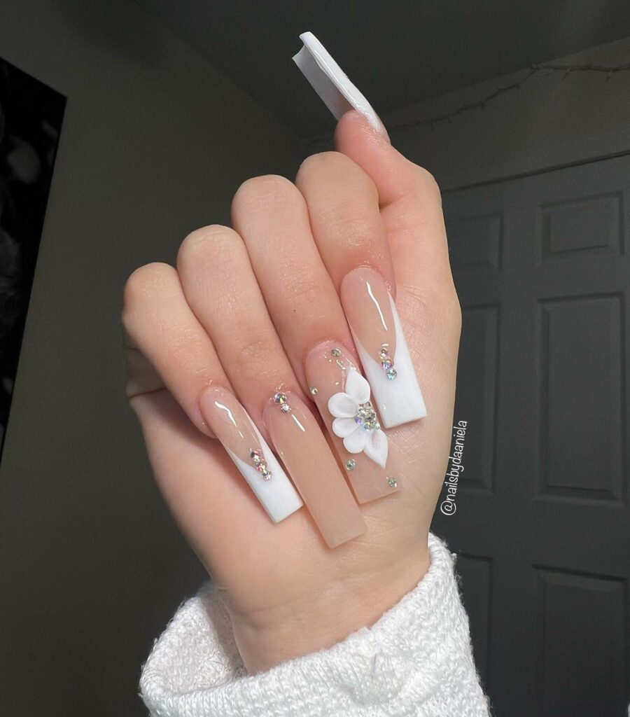 Nude And White French Nails With 3D Flower And Rhinestones