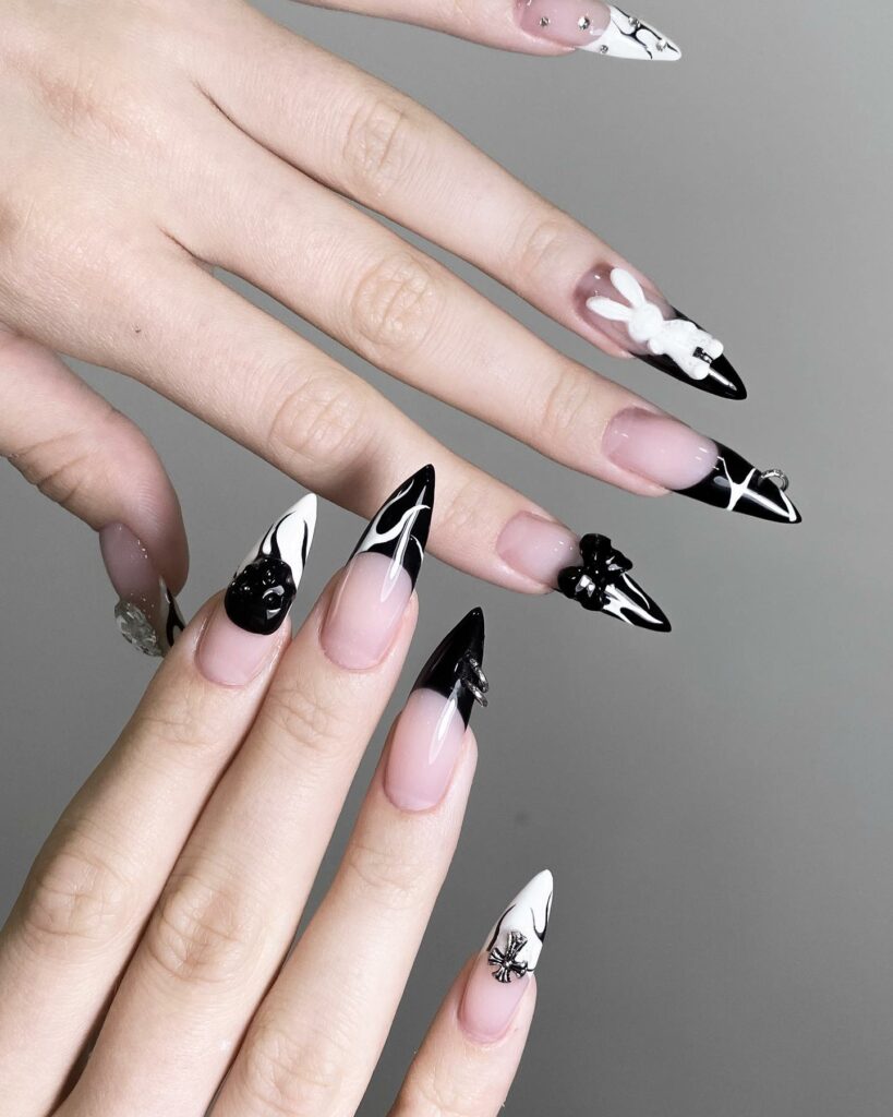 French Black and White Stiletto Nails