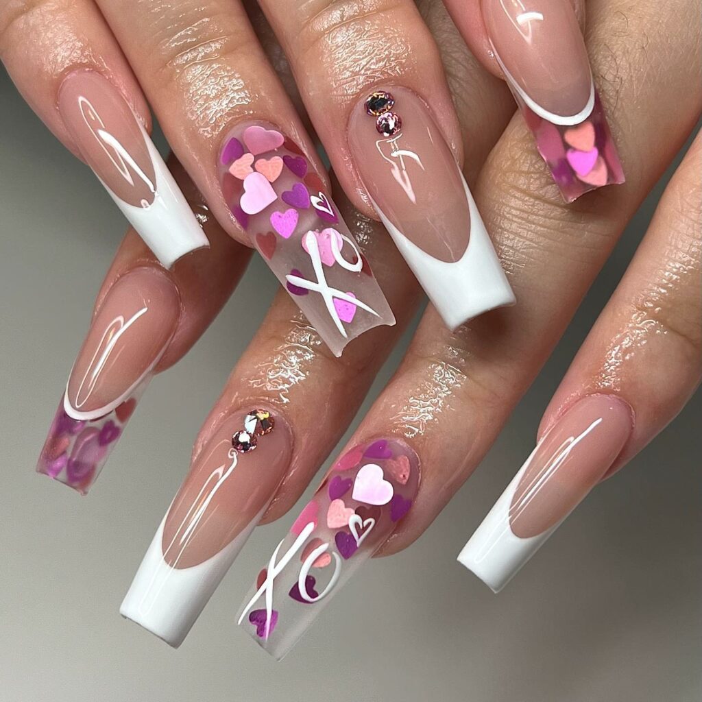 White Long French Nails with Heart Accents