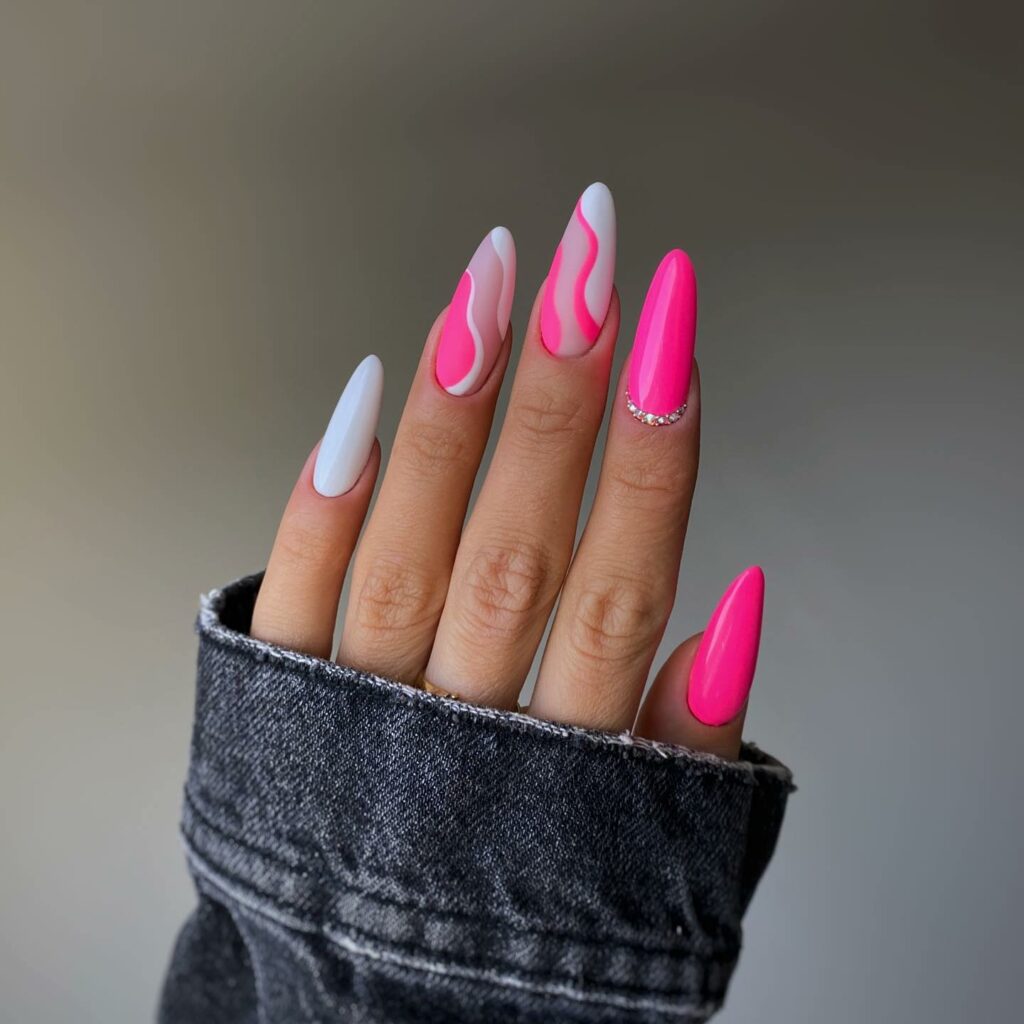 Abstract Neon Pink Nails With Swirl