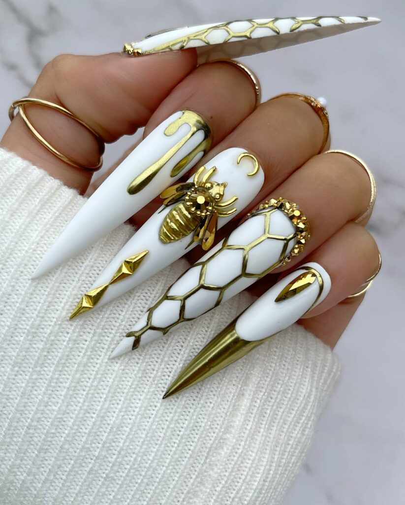 Glam White And Gold Stiletto Nails