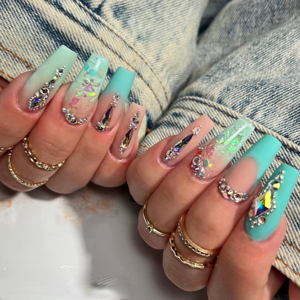 Turquoise Rhinestone Nails 