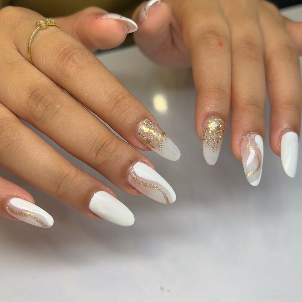 White And Gold Almond Nails