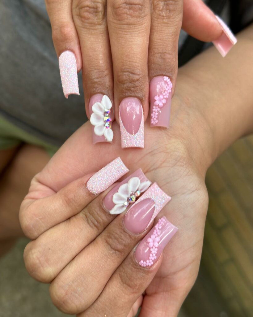 Square Pink Nails with Glitter and Florals