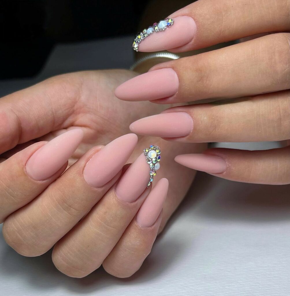 Matte Clear Pink Nail With Rhinestones