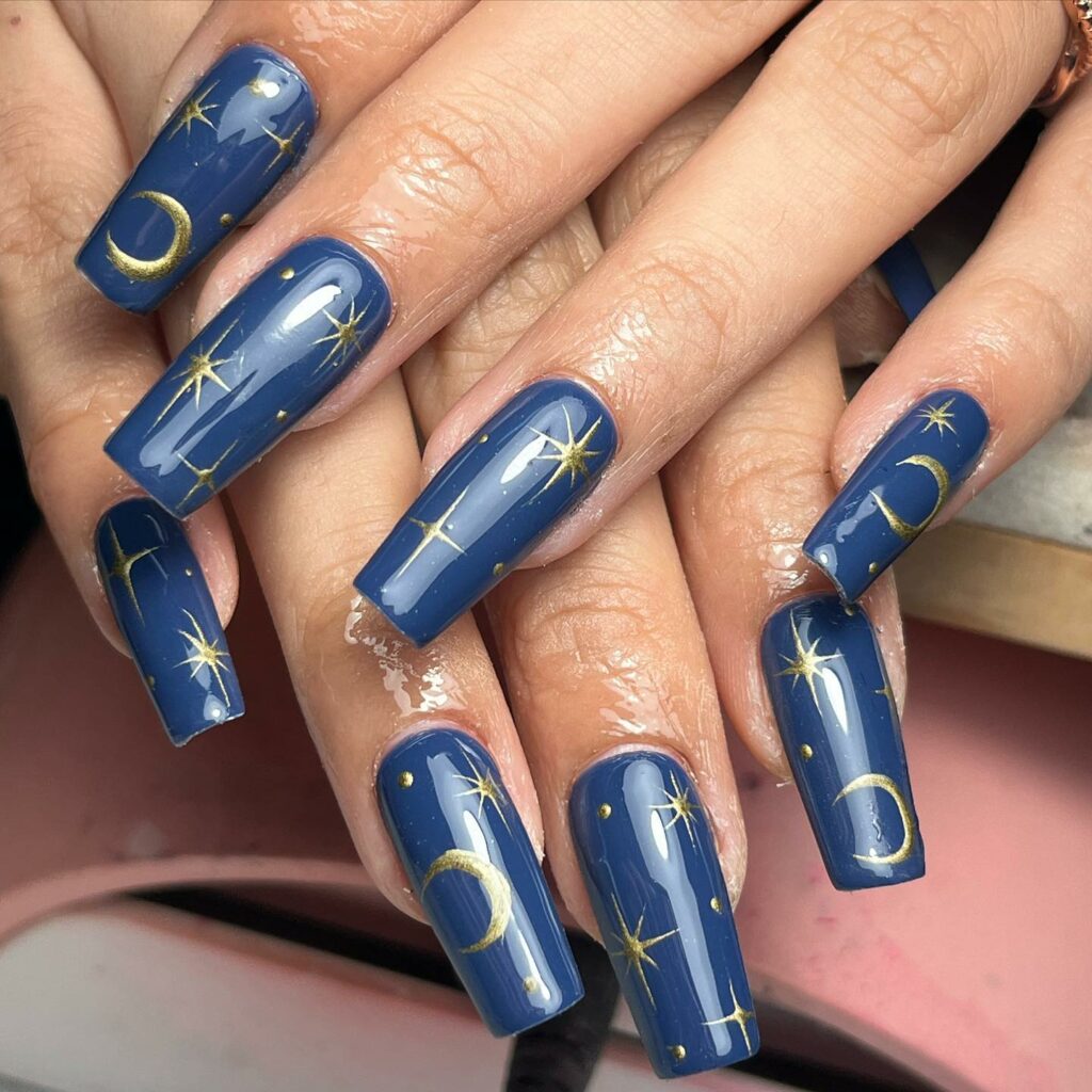 Blue Nails with Gold Stars and Moon