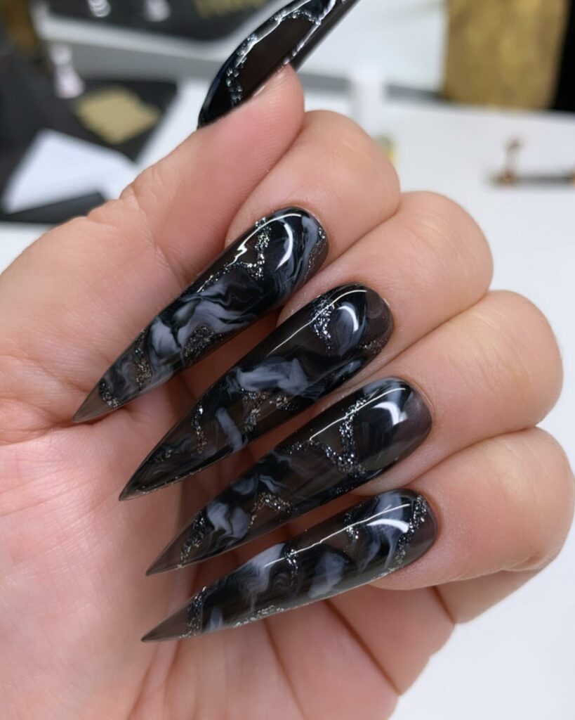 Marble Black Stiletto Nails