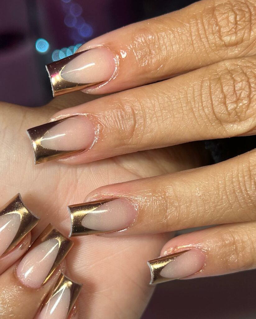 Gold Metallic V French Tip Nails