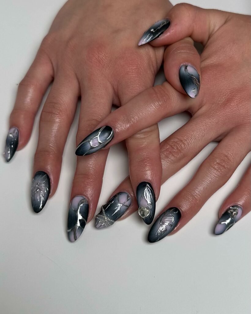 Black and Silver Chrome Nails