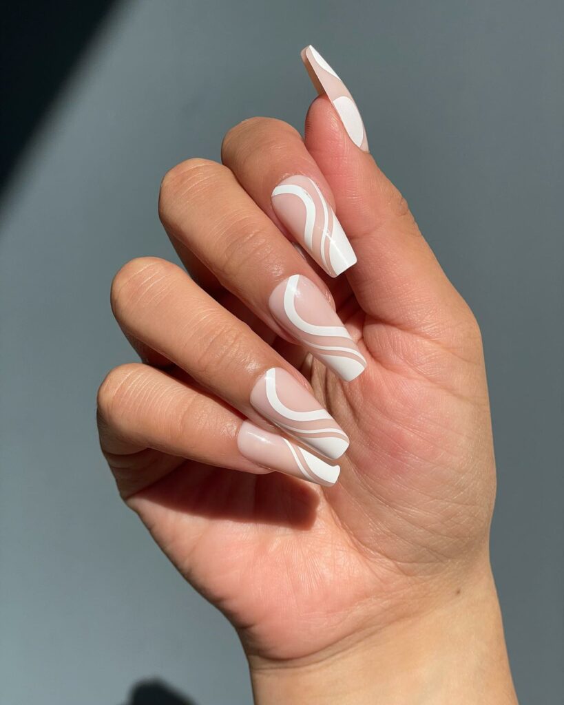 White Swirl Coffin Nails