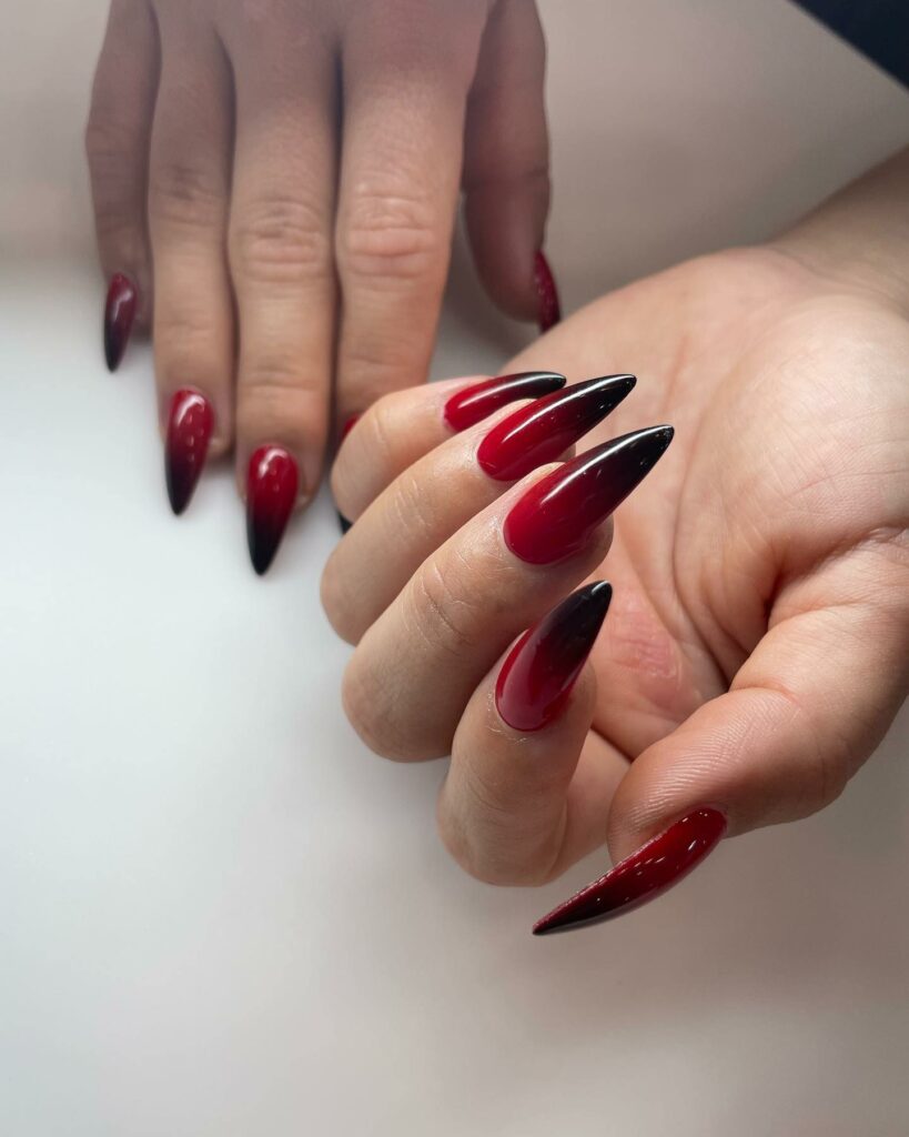 Ombre Red and Black Stiletto Nails