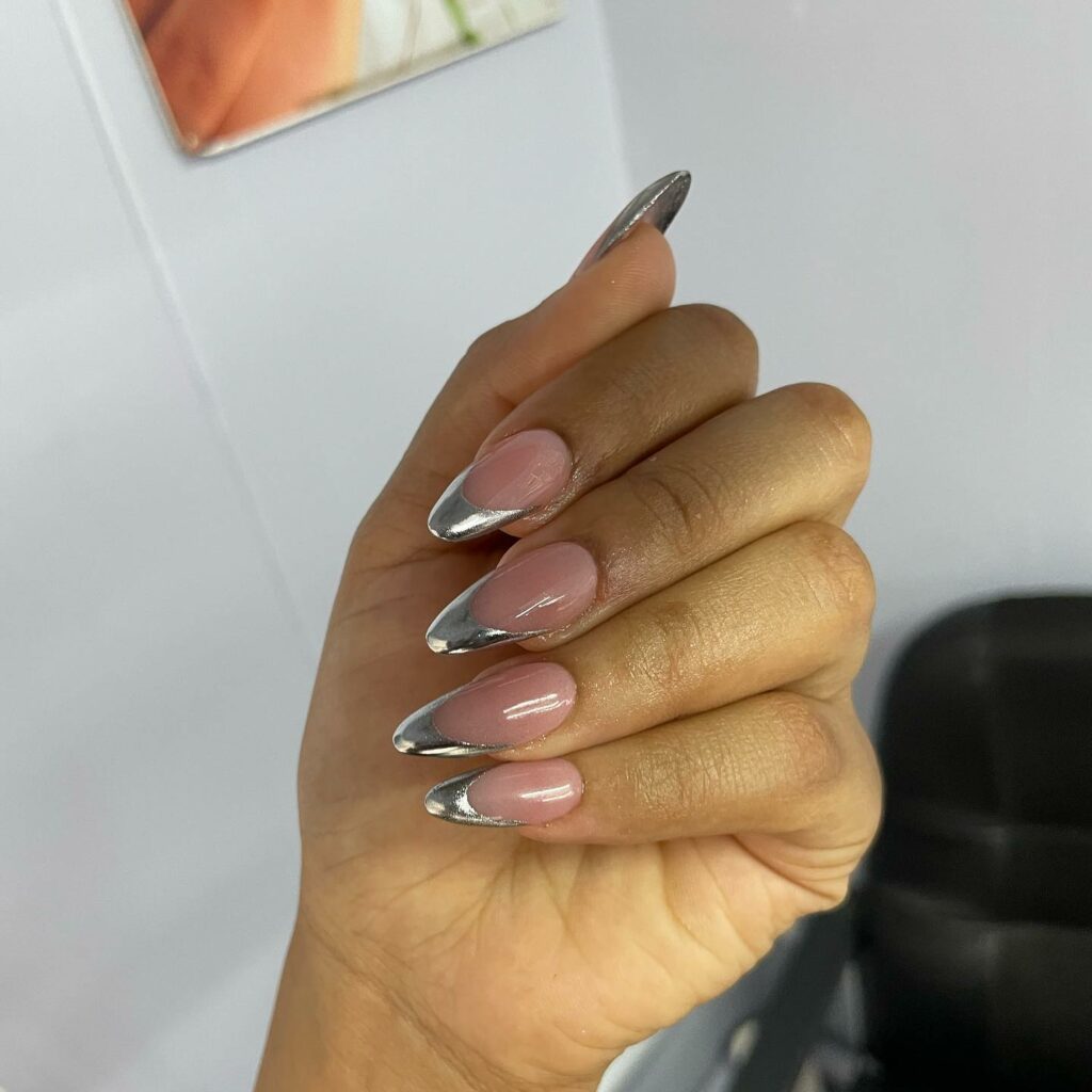 Clear Pink Nail With Silver Tips