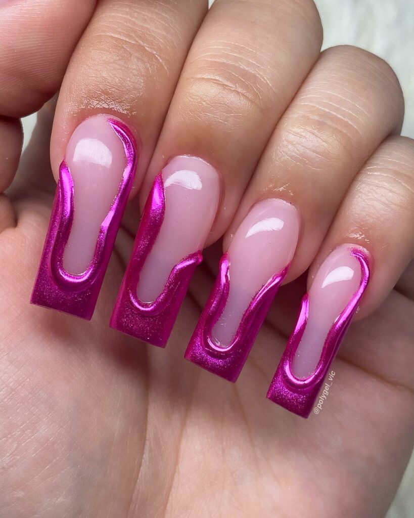 Hot Pink Square Long French Nails