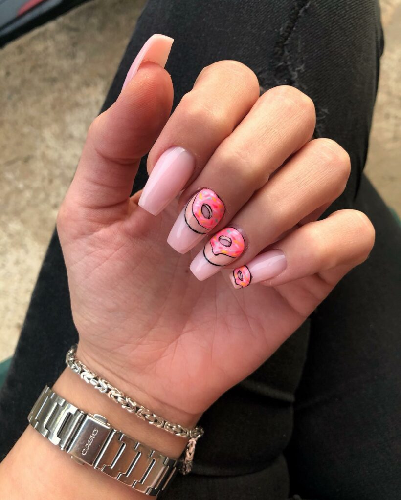 Clear Pink Nail With Donut Design