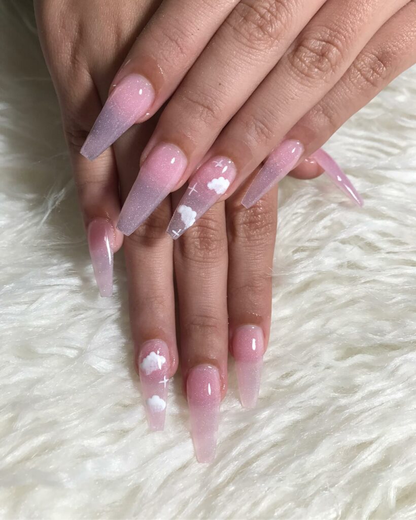 Acrylic Clear Pink Nails With Cloud And Glitters