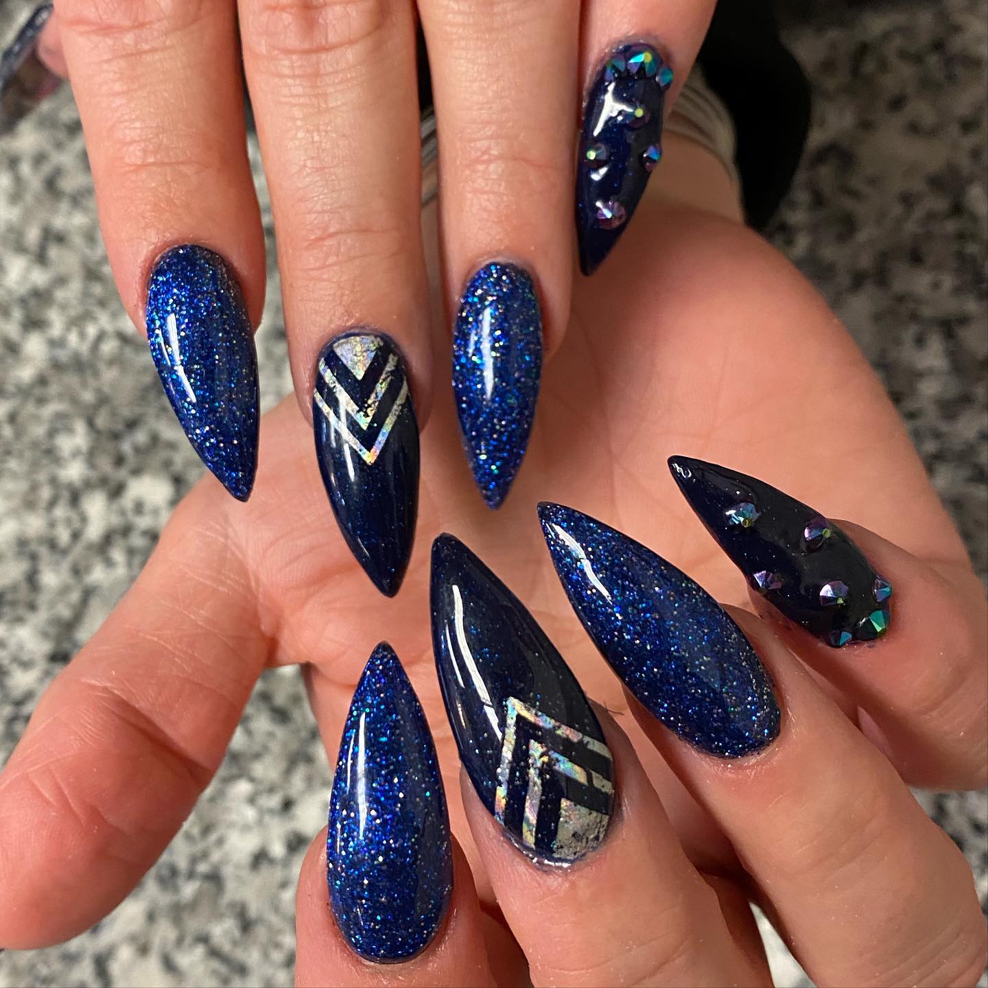 Glitter Stiletto Blue Nails