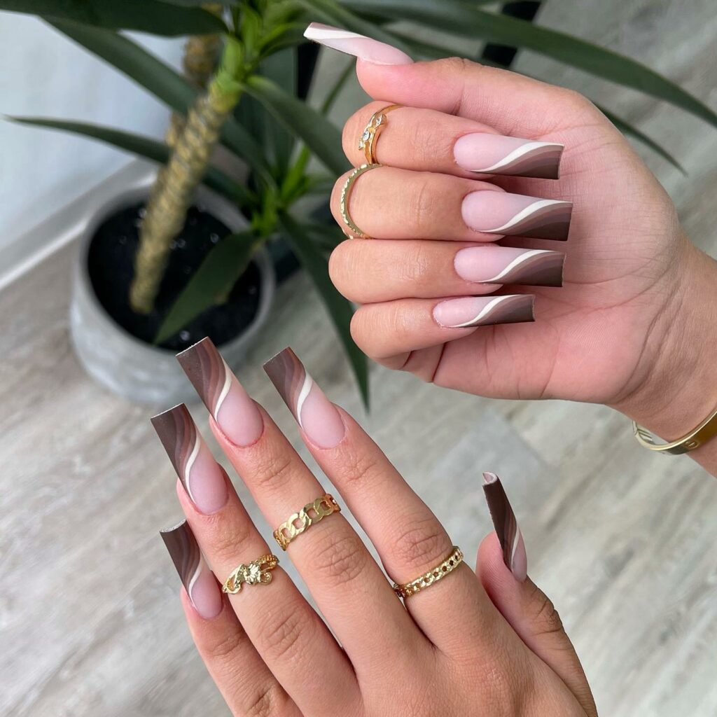 Abstract Brown French Long Nails