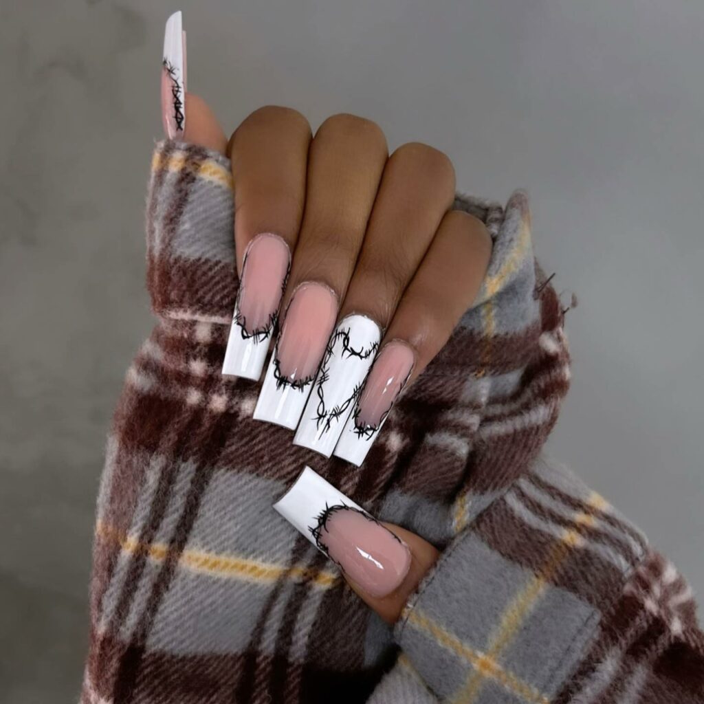 Abstract Heartbeat Illustration on Long French Nails