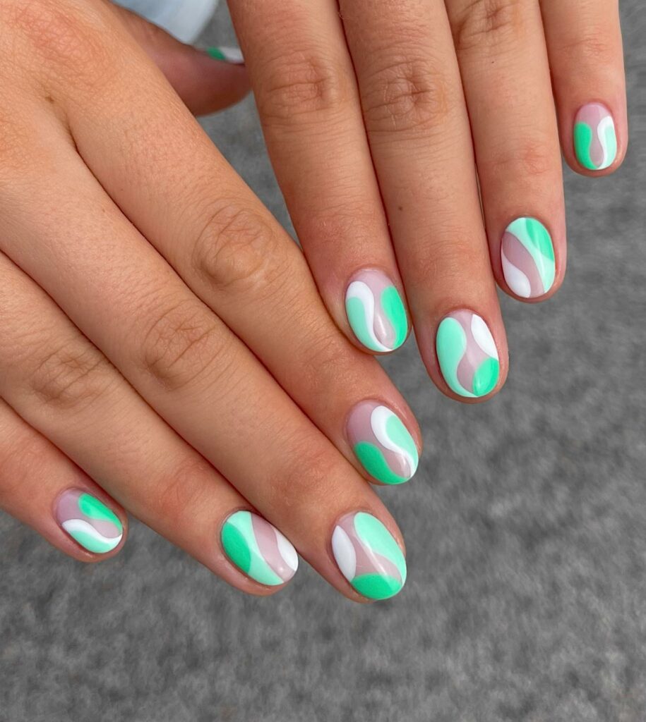 Round Mint Green Nails with Abstract Art