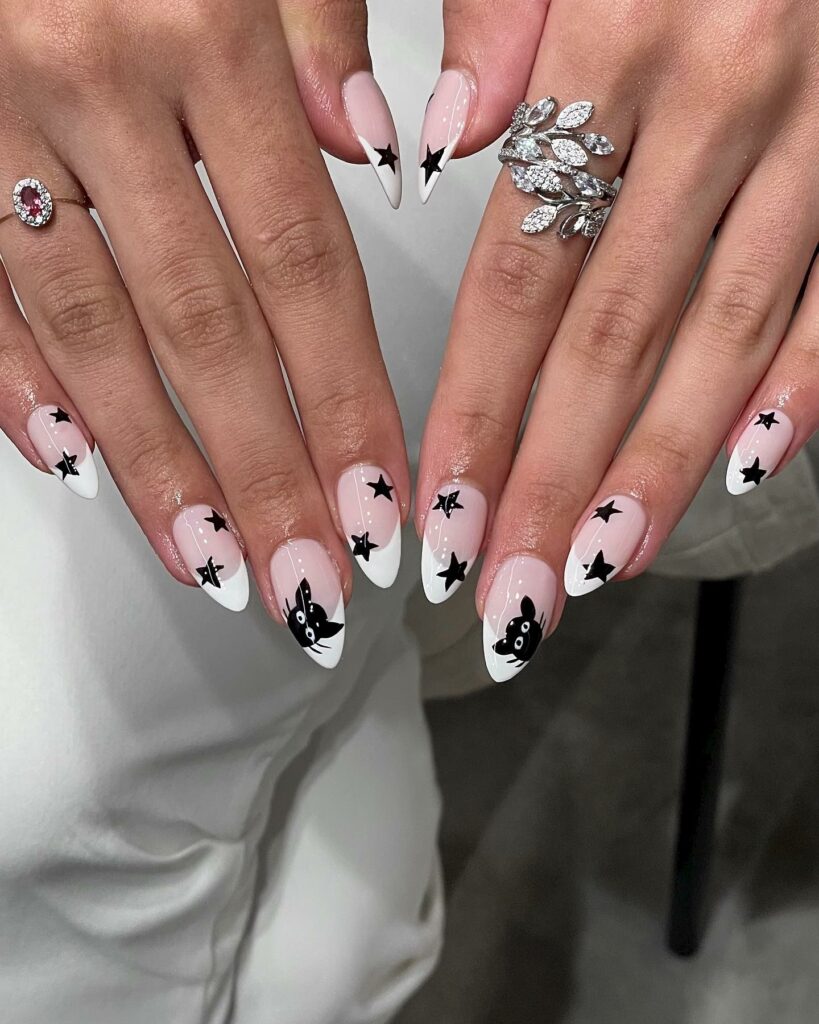  Adorable Tiny Stars on Black & White Nails