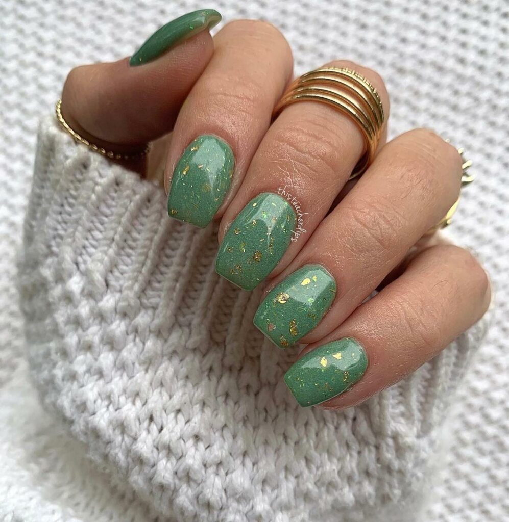 Sage Green Nails Sprinkled with Golden Flakes