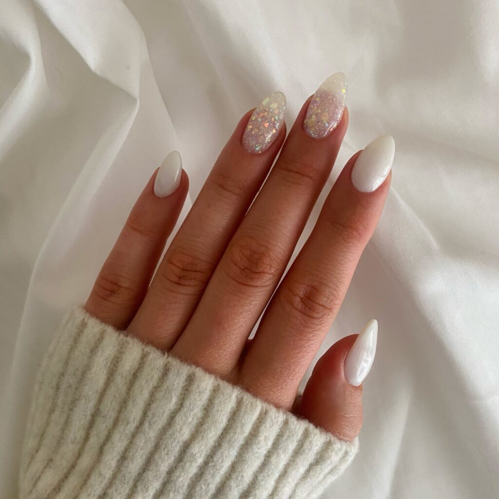 Almond white glitter nails