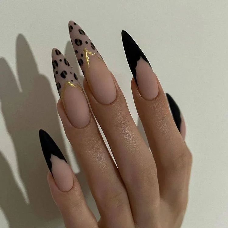 Black Stiletto Nails with Leopard Print Accents