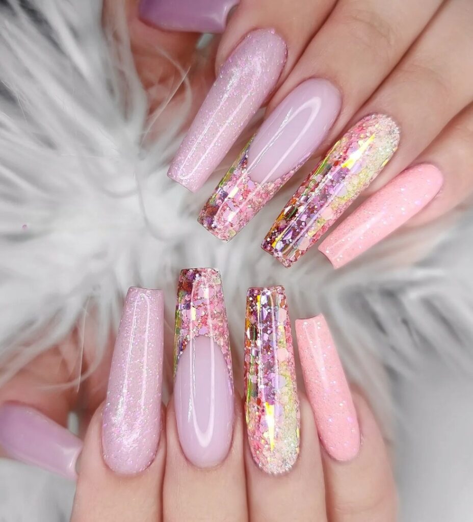 Coffin Pink Nails with Glitters