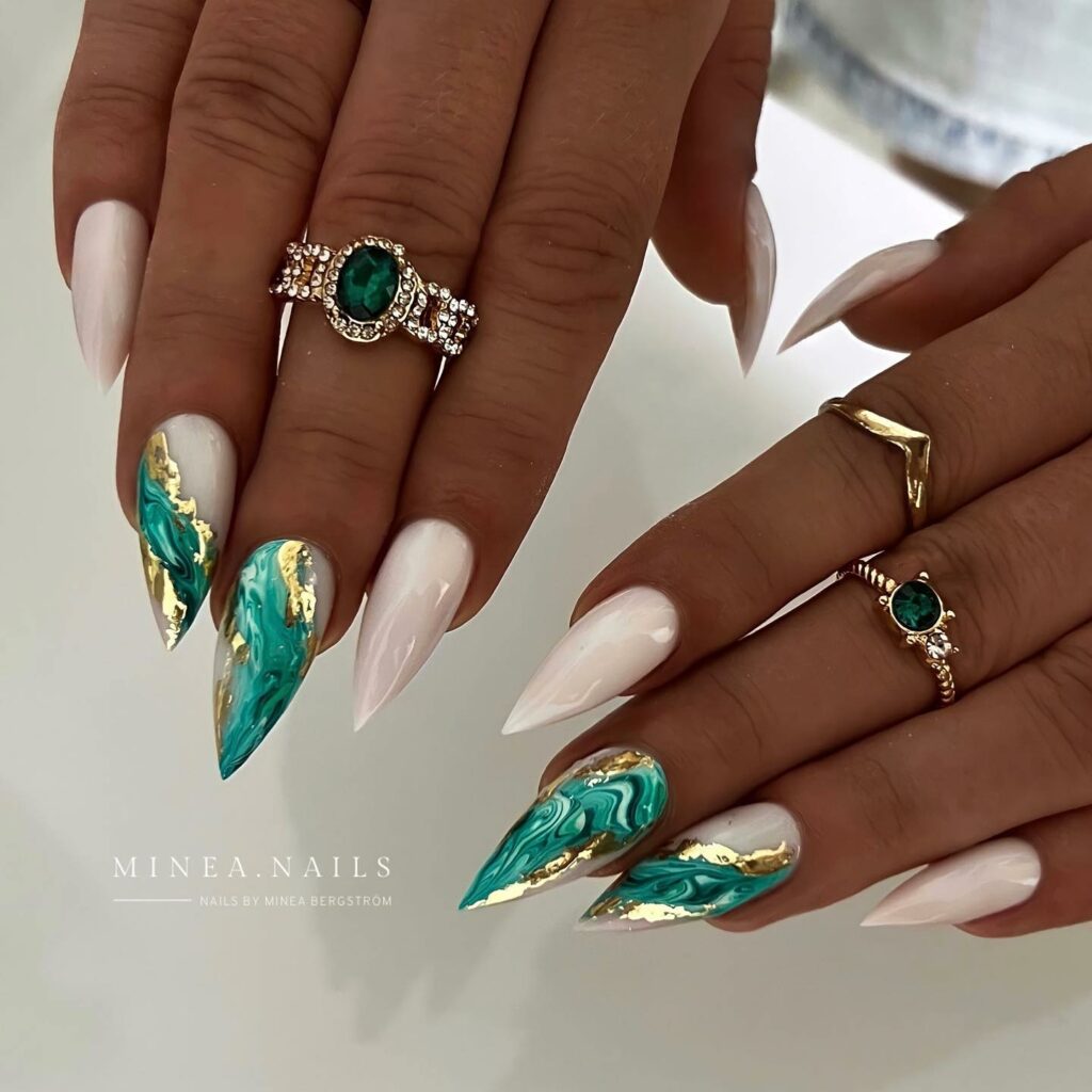 Aqua and Gold Stiletto Nails