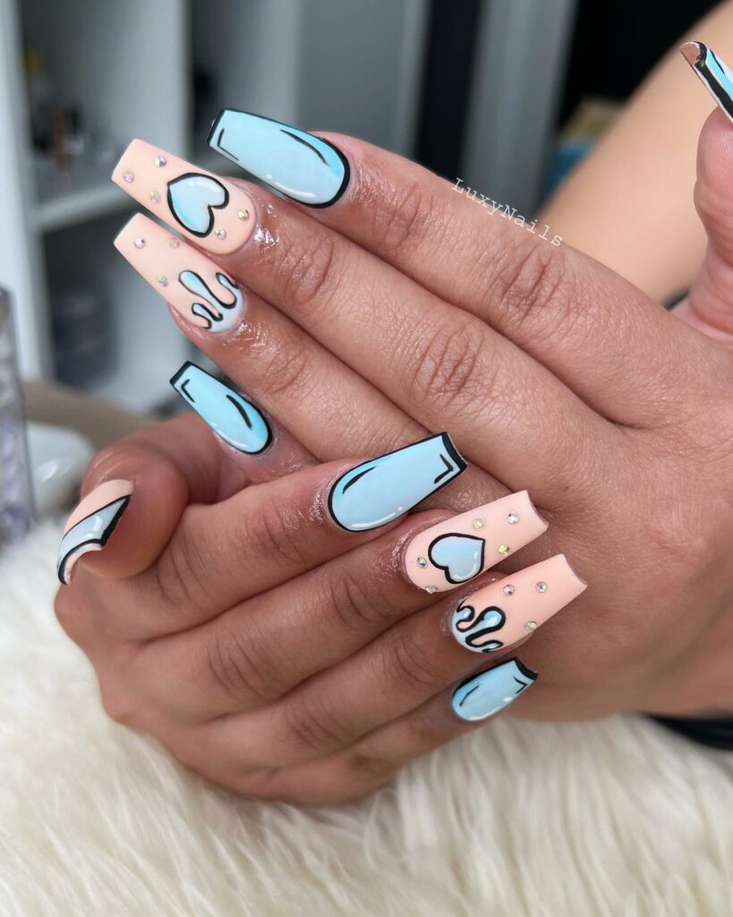 Serene Baby Blue Cartoon Nails 