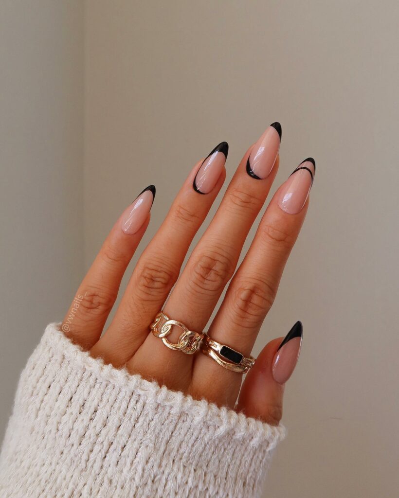 Black French Almond Nails with Refined Elegance 