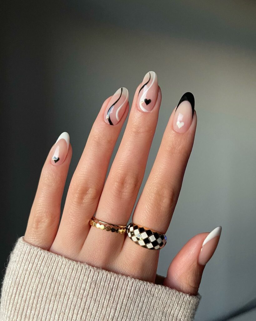 Swirl-Patterned Black & White Nails