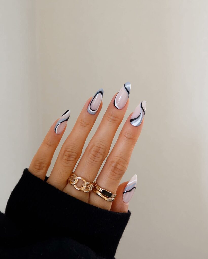 Swirl Almond Black & White Swirl Nails