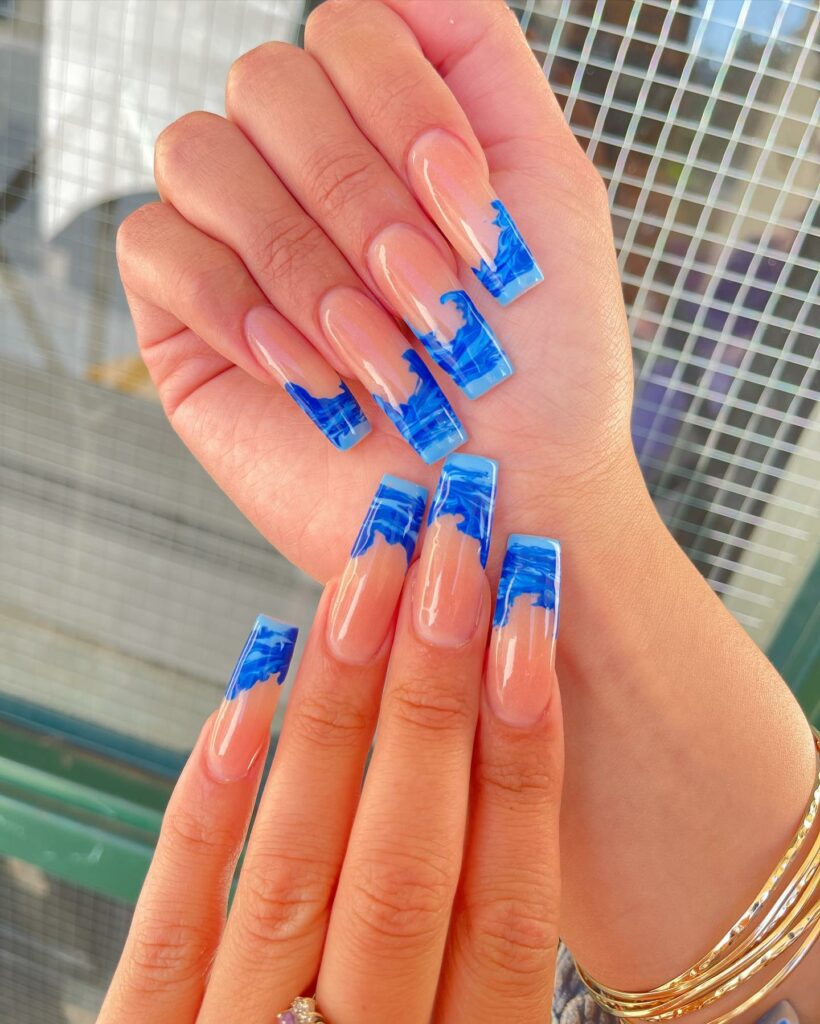 French Acrylic 3D Blue Nails