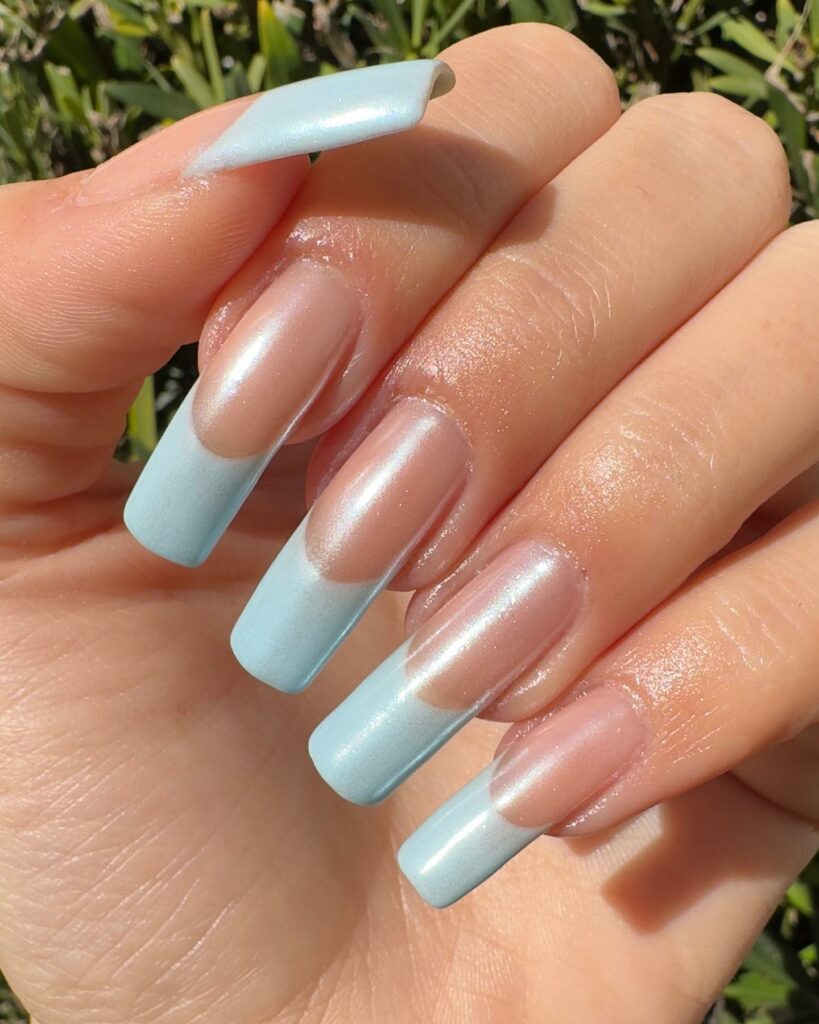 Blue Chrome Long French Nails