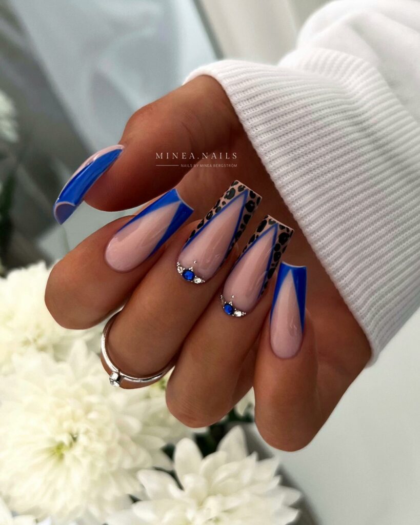 Blue Long French Coffin Nails with Cheetah Print