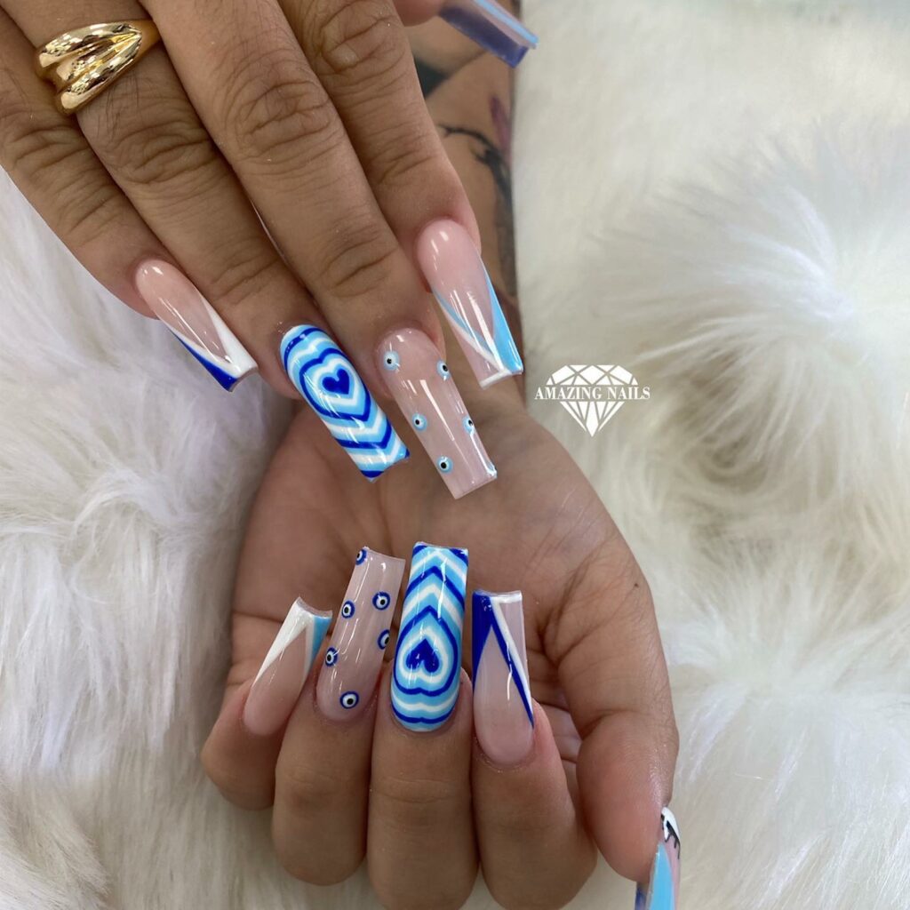 Heart Designs on Glossy Acrylic Blue Nails