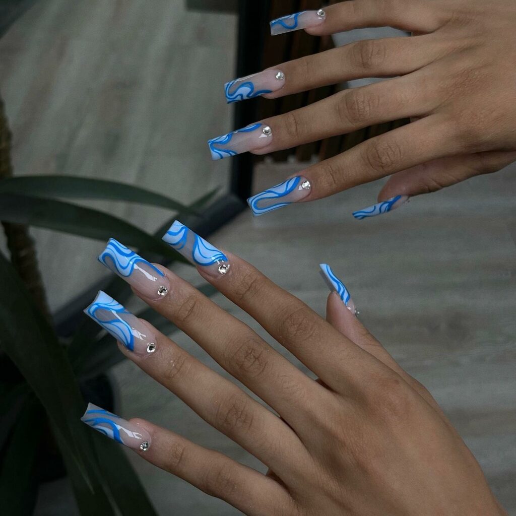 Blue Swirly French Long Nails