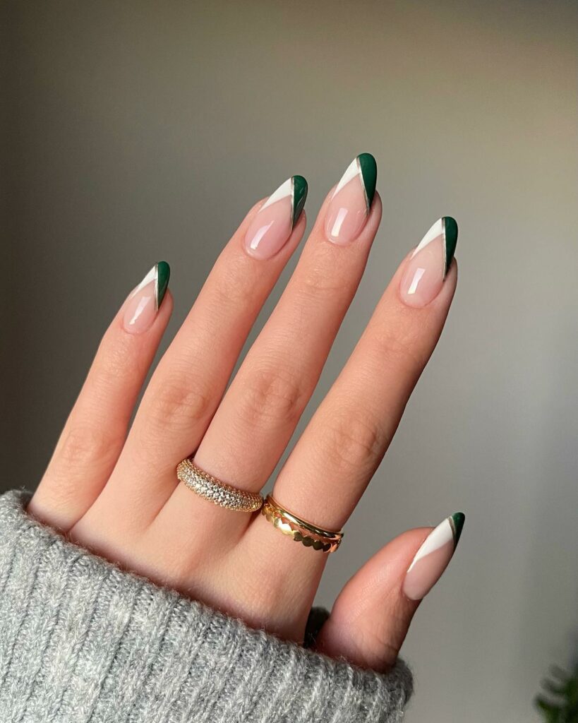 Chic White and Green French Tip Nails