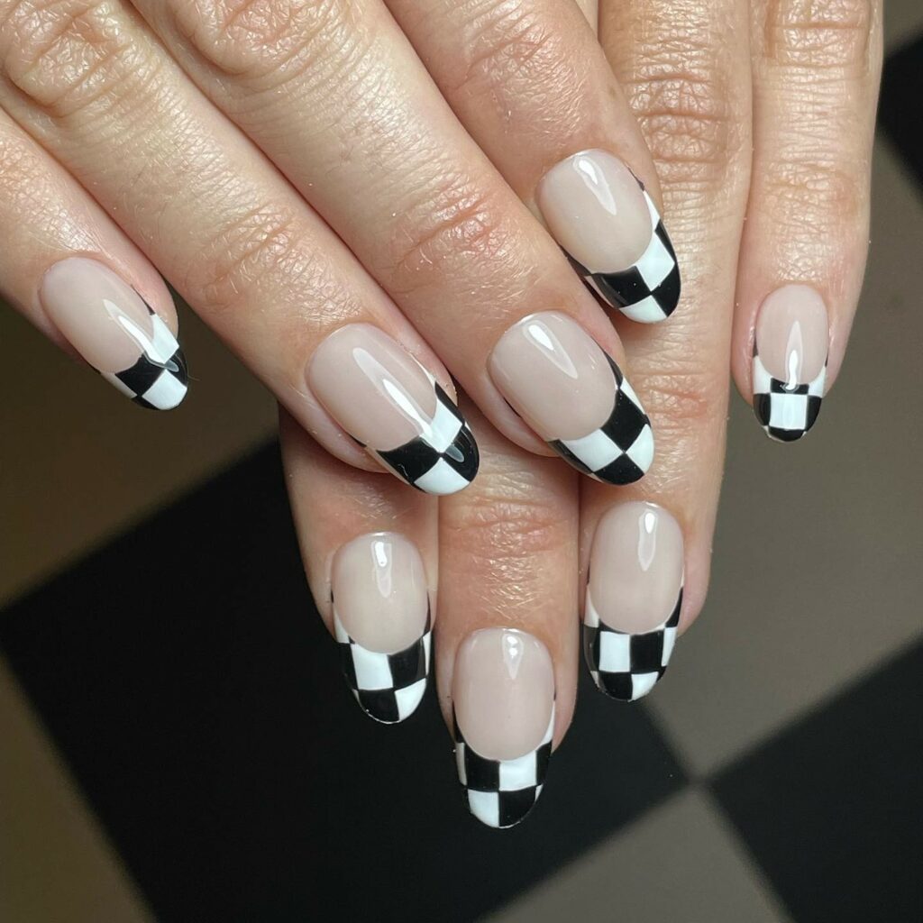 French Checkerboard Black & White Nails