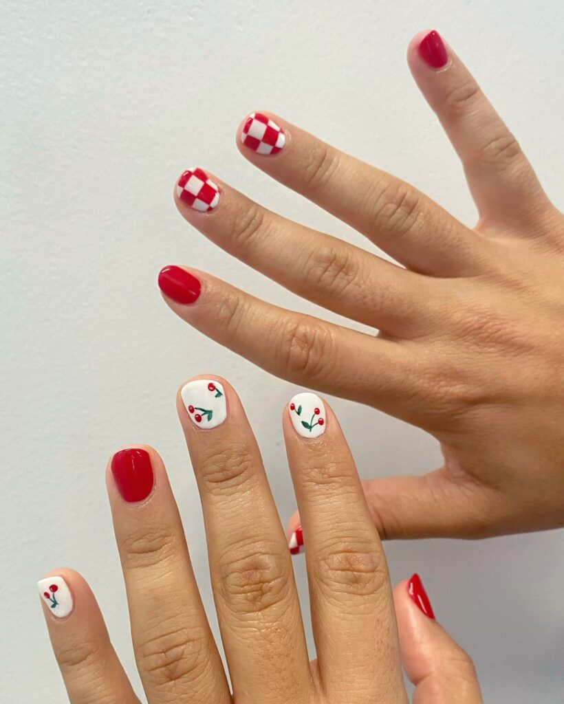 Cherries and Checkerboard in Red and White Nails