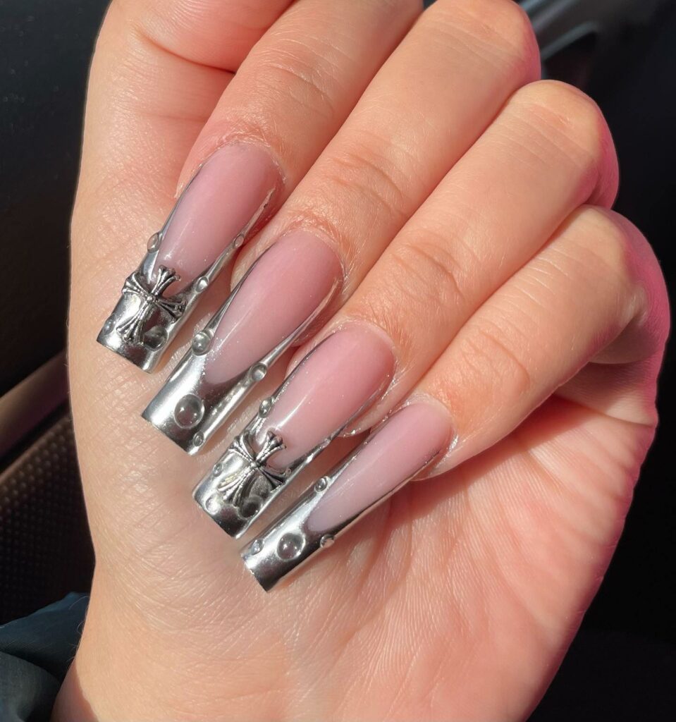 3D Chrome Long French Nails